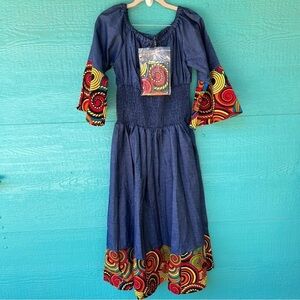 DENIM SMOCKED FIESTA MAXI DRESS SIZE LARGE LIGHTWEIGHT NWT POCKETS